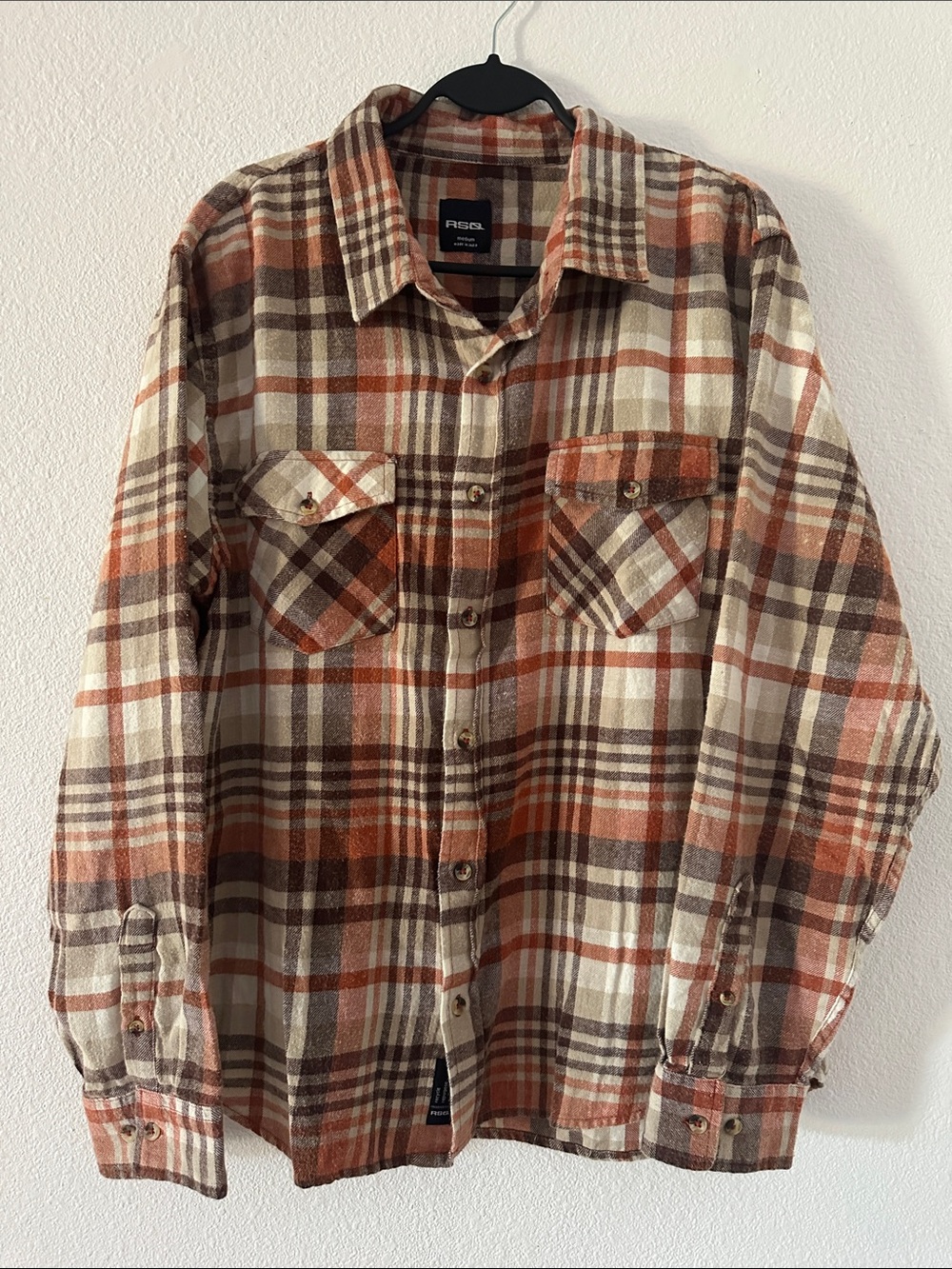 Men’s RSQ Rust, Brown & Cream Plaid Flannel Button Down Shirt, size M